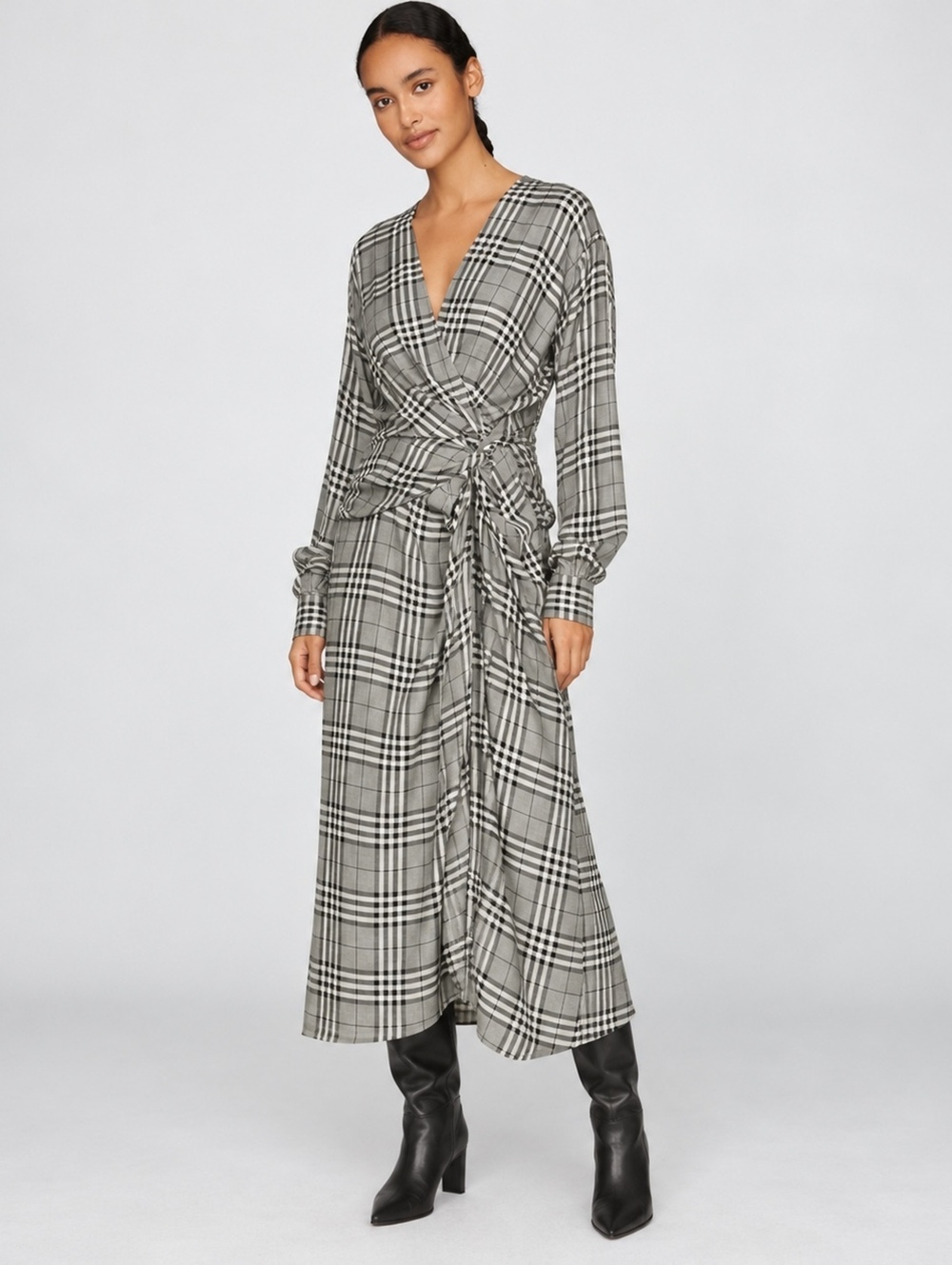 rag & bone Amber Plaid Wrap Midi Dress Black White Size 0 NWT